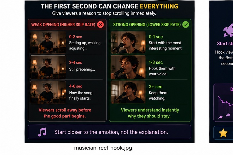 Strong opening hook for a musician Instagram Reel
